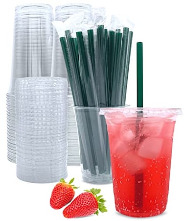 Aatriet 16 oz Clear Plastic Cups with Lids and Straws Disposable Coffee Cups 25 Sets