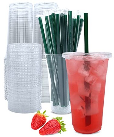 Aatriet 24 oz Clear Plastic Cups with Lids and Straws Disposable Coffee Cups 25 Sets