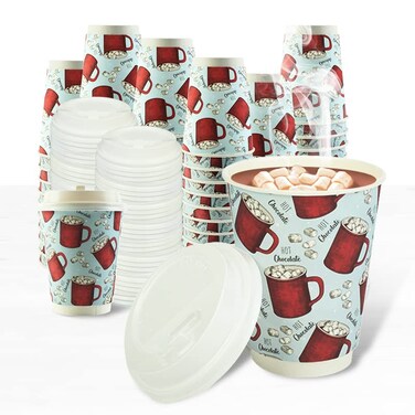 Upper Midland Products 100 Sets 12 oz Double Wall Insulated Disposable Hot Chocolate Cups and Lids Recyclable To Go Hot Cocoa Christmas Cups
