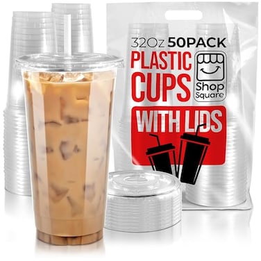 Shop Square 32 oz Plastic Cups with Lids 50 Pack Disposable Clear Cups for Iced Coffee Boba Milk Tea Smoothies and Fruit Shakes for Parties Cafes Restaurants