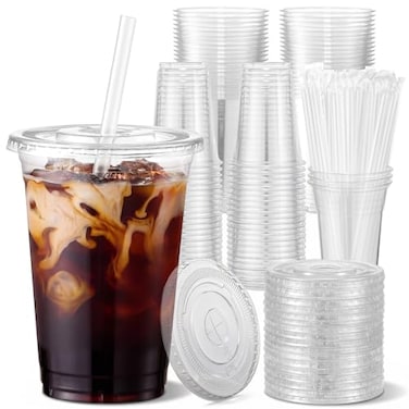 VITEVER 100 Sets 20oz Clear Plastic Cups with Lids and Straws Disposable Cups for Iced Coffee Smoothie Milkshake Cold Drinks