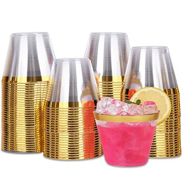 Tobvory 100 Pack Gold Rimmed Plastic Cups 9 oz Hard Clear Plastic Cups Premium Disposable Cup For Cocktail And Drinking Food Grade Party Cups Set Sturdy Tumbler Cup Gold Rim