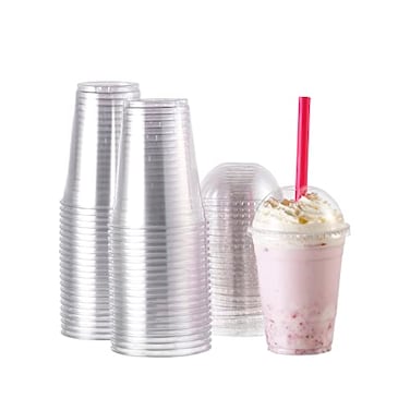 FULING 100 Sets16 oz Plastic Cups With Dome Straw Slot Lids PET Crystal Clear Disposable Togo Cup BPA Free For Party Ice Cold Drinks Coffee Tea Parfait Dessert Smoothie Bubble Boba Fruit Milkshake Slu