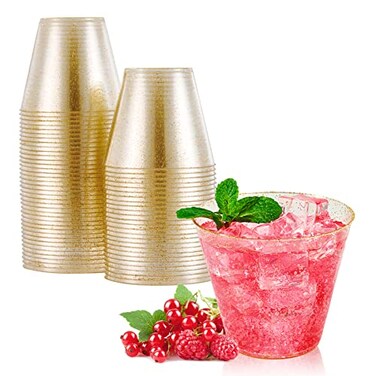 JOLLY CHEF 50 Pack 9 oz Glitter Plastic Cups Disposable Gold Cups Clear Plastic Tumblers for Weddings Thanksgiving Christmas Parties