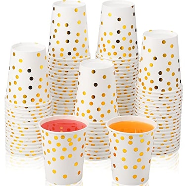 Sieral 100 Pcs White and Gold Paper Cups 9 oz Gold Foil Dot Disposable Cups for Birthday Wedding Baby Shower Party Dinner Supplies