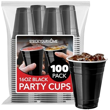 Stock Your Home Black Plastic Cups Disposable 16oz 100 Count HeavyDuty Large Party Cup Pack Bulk Pack for Drinking Punch Soda Wine Beer 4th of July Halloween
