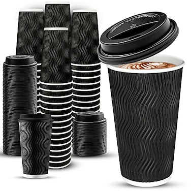 Ginkgo 100 Pack 16 oz Disposable Insulated Coffee Cups with Lids Paper ToGo Coffee Cups for Coffee Bars Hot Chocolate Cocoa and Hot Tea Drinks Black