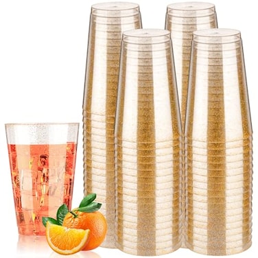 Goodluck 14 oz 100 PCS Gold Glitter Plastic Cups Disposable Glitter Cups Elegant Plastic Cocktail Glasses Fancy Party Cups for Wedding Birthday Holiday