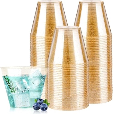 Goodluck 9 oz 100 PCS Gold Glitter Plastic Cups Disposable Glitter Cups Elegant Plastic Cocktail Glasses Fancy Party Cups for Wedding Birthday Holiday