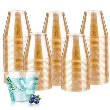 Goodluck 9 oz 200 PCS Gold Glitter Plastic Cups Disposable Glitter Cups Elegant Plastic Cocktail Glasses Fancy Party Cups for Wedding Birthday Holiday