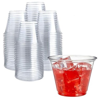 Prestee Clear Plastic Cups 9oz Disposable PET Water Wine and Drink Glasses Crystal Clear Durable Recyclable Party Cups 100 Count for Holiday Events Coffee Shops Restaurants