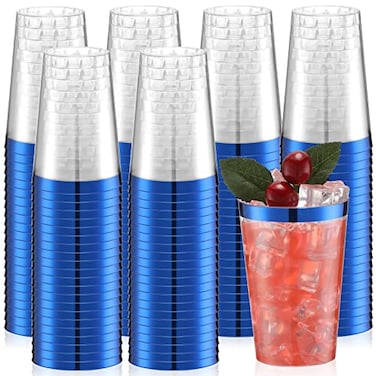 Patelai 100 Pcs Blue Plastic Cups 12 oz Clear Disposable Cups with Blue Rim Plastic Wine Cocktail Glasses Drinking Tumblers for 4th of July Party Independence Day Wedding Birthday