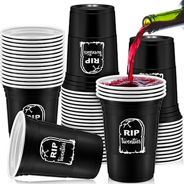 Rtteri 48 Pack Death to My 20s Decorations 16 oz Rip to My 20s Cups 30th Birthday Decorations for Him Black and White Disposable Party Thick Plastic Twenties Birthday Cups for Women