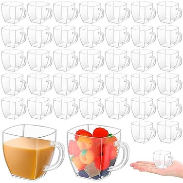 Amyhill 100 Pcs Mini Disposable Tea Cups with Handle 2oz Hard Plastic Coffee Mug Bulk Plastic Square Disposable Espresso Cups for Wedding Tea Party Catering Dessert Sampling Transparent