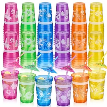 Meanplan 100 Pcs Hawaiian Luau Party Decorations Tropical Cups Bulk with 100 Pcs Umbrella Drinks Straws 12 oz Reusable Plastic Coconut Pineapple Cups for Cocktail Juice Summer Pool Beach Supplies