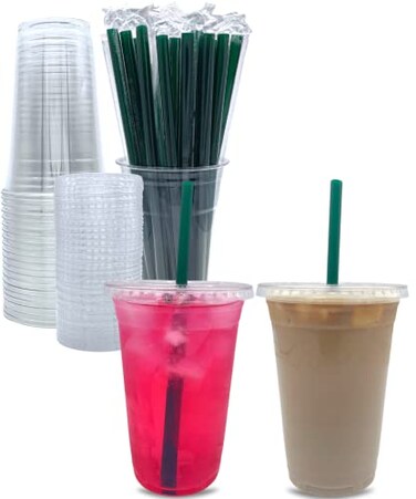 Aatriet 100 Sets 24 oz Clear Plastic Cups with Lids and STRAWS Disposable Party Cups for To Go Iced Coffee Cold Drinks Smoothie Juice Parfait Frappuccino Milkshake No Leaking Fruit Cup
