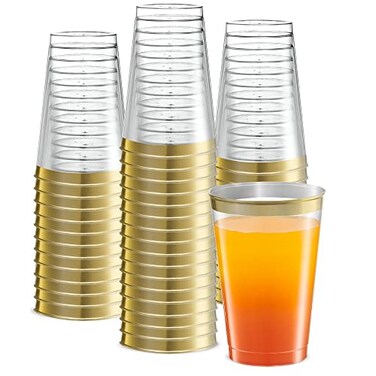 PLASTICPRO Disposable 12 oz Crystal Clear Plastic Tumblers With Gold Rim for Partys Weddings pack of 50