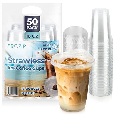 FROZIP 50 Pack 16oz Plastic Coffee Cups with Sip Lids Clear Plastic Cups with Lids for Smoothies Iced Coffee Restaurant Supplies