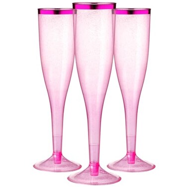 Homy Feel 65 OZ Pink Rim Polystyrene Champagne Flutes 30 Pack Disposable Wine Glasses for Party
