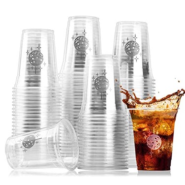 Datyiiha 100 Pack Disco Party Plastic Cups Disco Ball Disposable Clear Cups 12 oz Drinking Cups Bulk for 70s 80s Disco Dance Party Supplies Wedding Bachelorette Drinkware Decorations