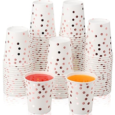 Sieral 100 Pcs White Disposable Paper Cups 9 oz Pink Foil Dot Disposable Cups Bulk for Wedding Birthday Dinner Party Supplies