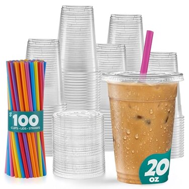 GUSTO 20 oz 100 Count Clear Cups with Flat Lids Straws Disposable Clear Drinking Cups for Iced Coffee Cold Drinks Milkshakes and Smoothies Formerly Comfy Package