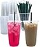 Aatriet 100 Sets 32 oz Clear Plastic Cups with Lids and STRAWS Disposable Party Cups for To Go Iced Coffee Cold Drinks Smoothie Juice Parfait Frappuccino Milkshake No Leaking Fruit Cup