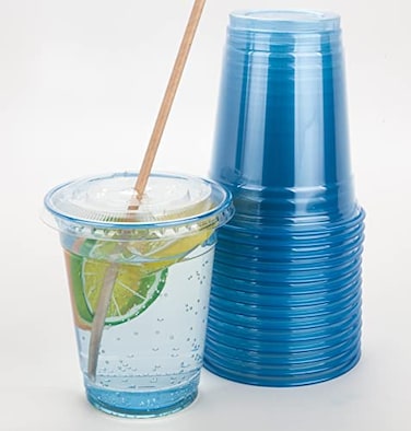 Golden Apple 12oz 50sets Blue Plastic cups with Clear Flat lids X hole 50cups50lids BPA Free