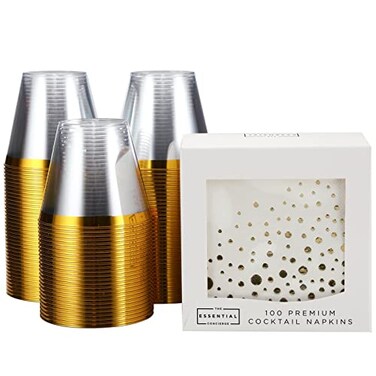 The Essential Essential Concierge Stylish GoldRimmed Plastic Cups 9 oz 100 Disposable with Gold Napkins