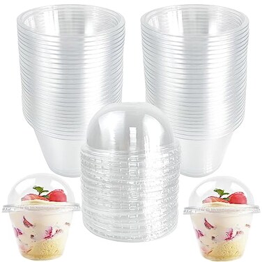 Rainmae 100Pack Disposable Clear Plastic Cups with Dome Lids 180ml6oz Crystal PET Dessert Cups for To Go Iced Coffee Cold Drinks Smoothie Bubble Boba Tea Juice Parfait Frappuccino Milkshake