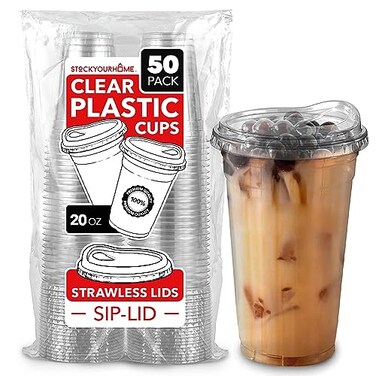 Stock Your 20 oz Clear Plastic Cups with Lids Disposable Togo Drinking Cup with Strawless Sip Lid for Smoothie Cold Brew Iced Coffee Lemonade Ice Latte Boba Party Drinks Bulk 20 Ounce Set of 50