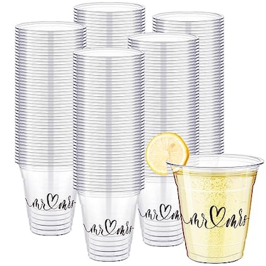 Dandat Disposable Wedding Plastic Cups Bulk 10oz Mr and Mrs Happily Ever After Disposable Clear Reception Drinking Cup for Wedding Reception Bridal Shower Engagement Party200 PackMr and Mrs