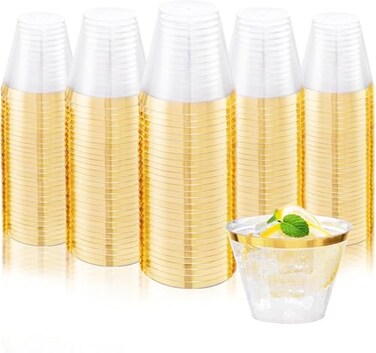 Ciaell 200PCS Gold Plastic Cups 9Oz Heavy Duty Disposable Clear Plastic Cups with Gold Rim for Wine Cocktail Party Wedding