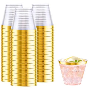 WELLIFE 200 PCS Gold Plastic Cups9 oz Clear Plastic CupsDisposable Wine GlassesPlastic Cocktail Glasses for Party and Wedding