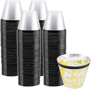 WELLIFE 120 PCS Black Plastic CupsDisposable Cocktail GlassesPlastic Wine Glasses Disposable9 oz Clear Cups for Party