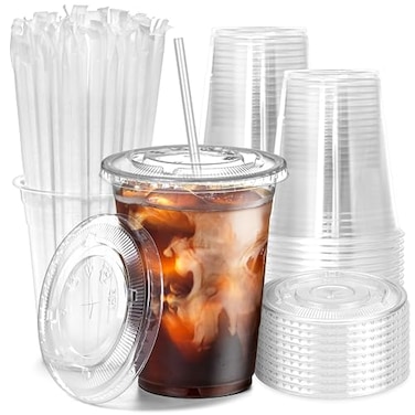 Fit Meal Prep 100 Pack 16 oz Plastic Iced Coffee Cups with Flat Lids and Clear Straws Disposable Clear Cup BPA Free Cup for Party Smoothie Cold Drinks Juice Milkshake Bubble Boba Tea