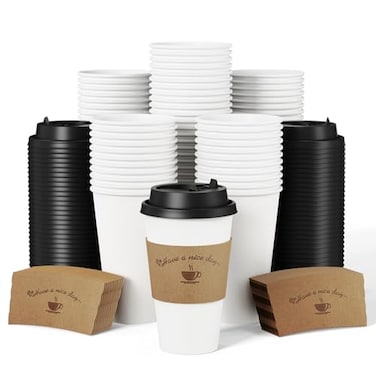 LITOPAK 100 Pack 16 oz Disposable Coffee Cups with Lids and Kraft Sleeves LeakProof White To Go Coffee Cups for Office Cafe Catering Events and Daily Commute