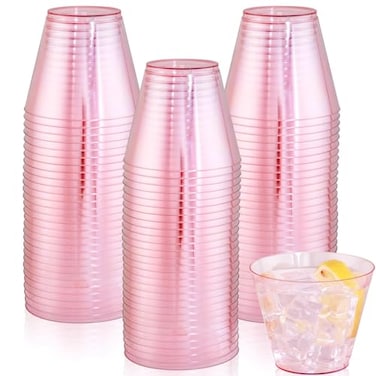 Ciaell 300PCS Clear Pink Plastic Cups 9 Oz Heavy Duty Plastic Cups Clear Party Cup Disposable Wine Cup for Parties Weddings Party