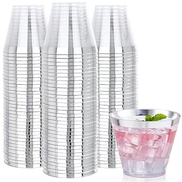 Nervure 240 PCS Silver Plastic Cups 9Oz Silver Rimmed Plastic Cups Heavy Duty Plastic Cup with Silver Rim Perfect for Weddings Receptions Parties