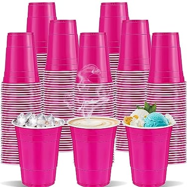 cssopenss 120 pcs 16 oz pink plastic cups Valentines Day plastic cups Hot pink Party Cups for drinking Tastings served Snacks Barbecues Picnics