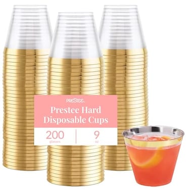 Prestee Hard Disposable Cups Heavy Duty Fancy Plastic Cups Plastic Cocktail Drinkware Disposable Drinking Cup 9 oz Bulk Drinking Glasses for Wedding 200ct Gold Tumblers