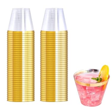 WELLIFE 120 PCS Gold Plastic Cups9 oz Clear Plastic CupsDisposable Wine Glasses for Party