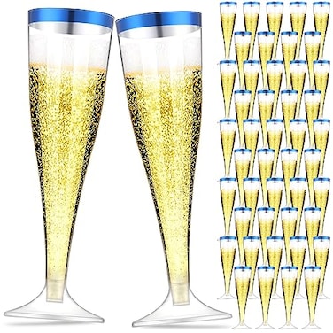Zubebe 100 Pcs Plastic Champagne Flutes 45oz Classic Champagne Clear Plastic Cups Wedding Party Toasting Cocktail Cups Bulk Home Toasting Drinking PartyBlue