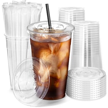 Fit Meal Prep 100 Pack 24 oz Plastic Iced Coffee Cups with Flat Lids and Black Straws Disposable Clear Cup BPA Free Cup for Party Smoothie Cold Drinks Juice Milkshake Bubble Boba Tea
