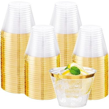 I00000 Heavy Duty Plastic Cups 9 oz Gold Rimmed Clear 100 Count BPA Free Disposable for Party Wedding