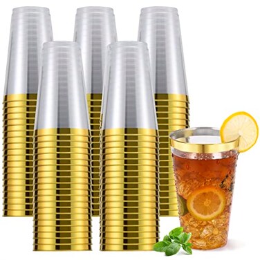 YOUTHSHIP 100 Pcs 16 Oz Disposable Plastic Gold Rimmed Elegant Cups for Wedding Birthday Baby Shower Parties