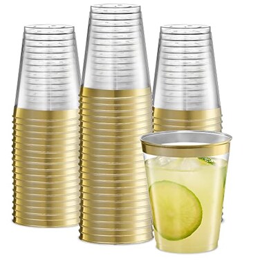 PLASTICPRO Disposable 8 oz Crystal Clear Plastic Tumblers With Gold Rim for Partys Weddings pack of 100