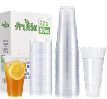 FRUTLE 32oz Plastic Cups with Lids and Straws Disposable Cups for Iced CoffeeCold Drinks Milkshake Bubble TeaSmoothie and TOGO Drinkings50Sets Pack