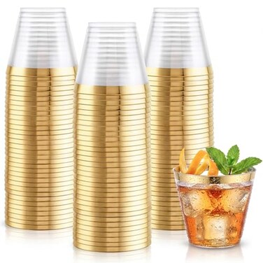 Hioasis 200Pcs 9OZ Clear Cups Plastic Disposable Cups with Gold Trim Heavy Duty BPAfree for Party Wedding Reception