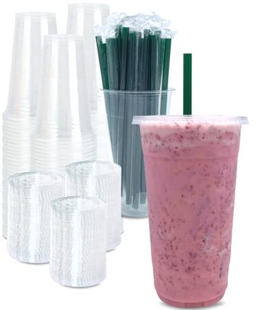 Cappatua 100 SETS 32 oz Clear Plastic Cups with Lids and STRAWS Disposable Drinking Cups for Cold Drinks Iced Coffee Milkshakes Smoothies